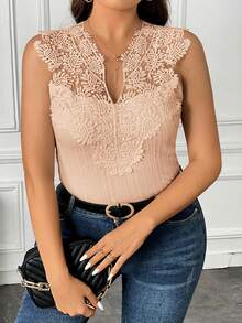 SHEIN Frenchy Top de verano de talla grande con unicolor, sin mangas, con aplicaciones de encaje y ajustado - Albaricoque - Ver 3