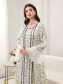 Yasmyna Women's Apricot Woven Floral Print Contrast Blue Elastic Long Sleeve Ruffle Hem Elegant Arabic Dress, Spring/Summer - Apricot - View 2