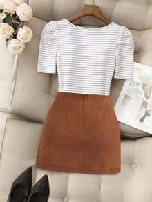 Franclia 女士优雅黑白条纹方领修身泡泡袖T恤和褶裥腰身紧身迷你裙两件套 - 彩色 - 查看 2