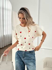 Easowa Women's Knitted Dropped Shoulder Short Sleeve Pullover Sweater Top - Beige - View 2