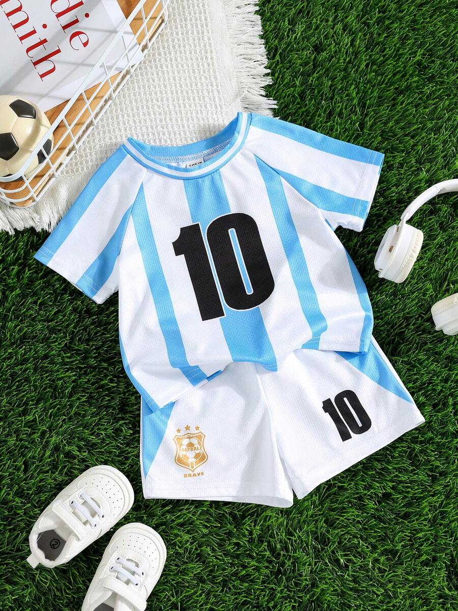 SHEIN 2件套男婴/男女通用夏季休闲可爱字母印花短袖T恤和松紧腰短裤套装，运动服 - 彩色 - 查看 1