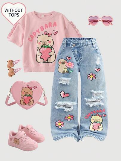 Young Girls Y2k Light Wash Blue Capybara Cartoon Print Ripped Denim Jeans, Cute & Sweet Fashion For Everyday Wear, School, Weekends, Back To School Season, Vacation,Comfortable & Sweet Casual Vacation School Style Recommended! Soft Light Wash Blue Denim Fabric