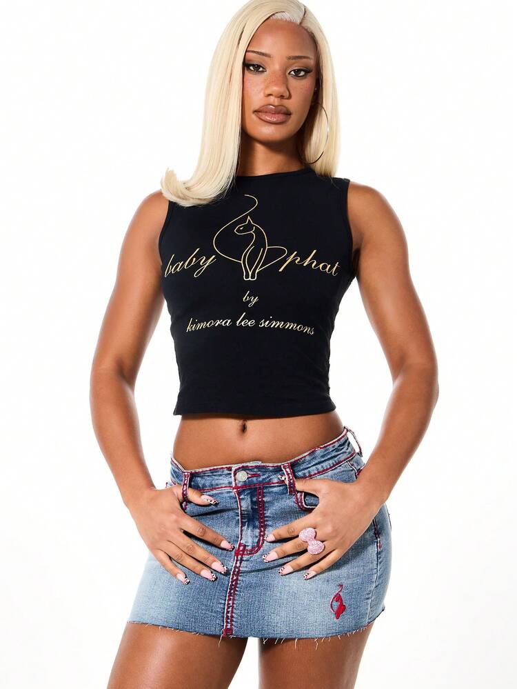 BABYPHAT Regata Sem Mangas com Estampa de Logotipo de Gato Glitter Dourado e Texto em Estilo de Roteiro