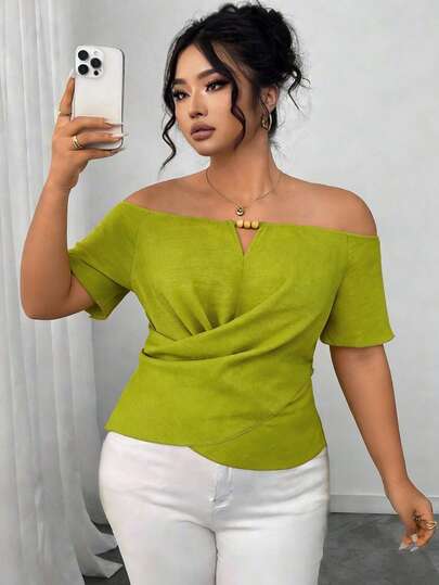 INAWLY Plus Size Solid Color Cross Wrap Off-Shoulder Ruffle Hem Fitted Top