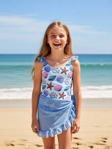 Cute & Fresh Starfish, Seashell Print Tween Girls One-Piece Swimsuit - Blue - View 3
