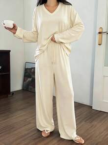 DAZY 2pcs/Set Women Minimalist Brushed V-Neck Solid Color Long Sleeve T-Shirt And Straight Leg Pants Pajama Set, Spring - White - View 4