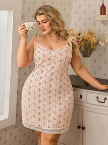 CottageSlumber Plus Size Romantic Floral Lace Trim Spaghetti Strap Nightgown, Elegant French Style - Multicolor - View 5