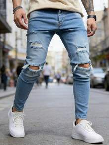 HIMLAND Men's Casual Distressed Skinny Fit Denim Jeans - Blue - View 5