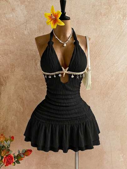 Soleia White Halter Twist Bodycon Mini Dress, Metal Accessories, Shell Decor, Beach Resort Vacation, Summer Outfit ,Summer Dress,Beach Vacation Outfits For Women