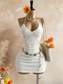 Soleia 女士性感时尚露背迷你连衣裙，饰有3D海星图案 - 白色 - 查看 3