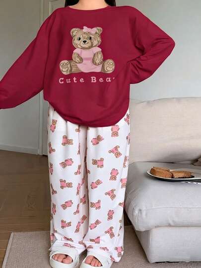 Dazy Plus Bear Animal Print Loose Fit Top And Pants Pajama Set, Casual Homewear, All Season