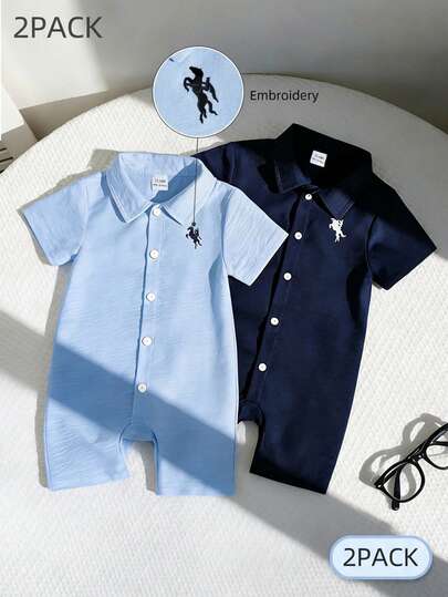SHEIN Playful Pals 2 pièces Ensemble de body et short pour bébé garçon, col polo, couleur unie, texture, manches courtes, broderie d'animal. Convient pour le printemps/été, port quotidien, polyvalent, tenue décontractée pour les vacances d'été