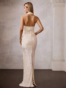 MOTF Soiréza Đầm dạ hội cổ yếm đính hạt, kiểu dáng xếp ly, thích hợp cho mùa xuân/hè. - Màu be - Xem 4