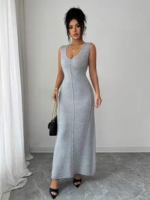 SHEIN Raffinéa Women's Grey V-Neck Sleeveless Fashionable Minimalist Versatile Knit Dress, Spring/Summer - Grey - View 5