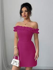Elenzga Ruffle Collar One-Shoulder Waist Cinched Romantic Women Dress - Hot Pink - View 3