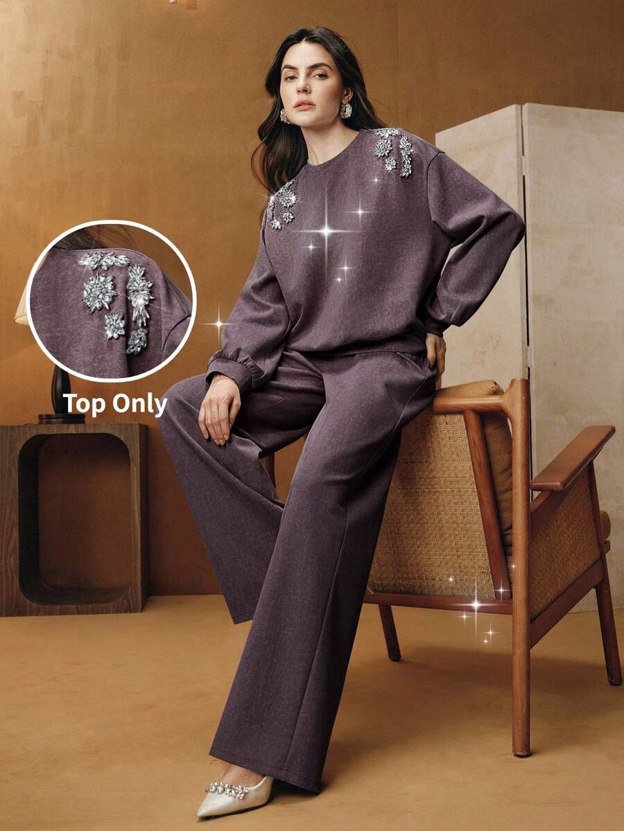 Anewsta 复古水洗浅蓝色水钻装饰休闲女式卫衣 - 紫色 - 查看 1