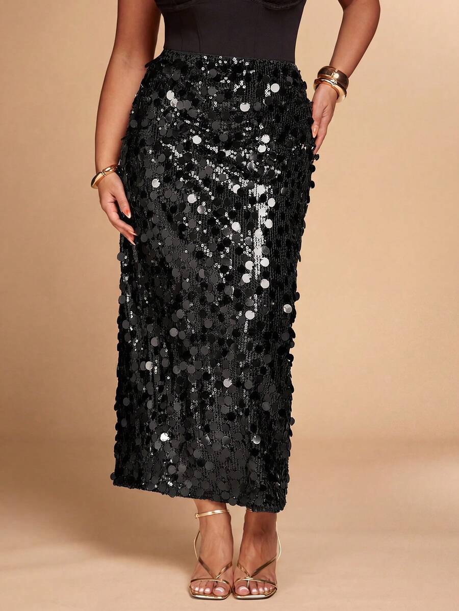 SHEIN BAE Chân váy sequin trơn màu thanh lịch dành cho nữ cỡ lớn, thích hợp cho đầu thu. - màu đen - Xem 1
