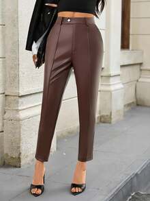 SHEIN PETITE Women's Solid Color Pocket PU Leather Seam Front Pants Brown Leather Pants Brown Pants For Women Leather Pants For Women Business Casual Woman Pants Going Out Outfit Autumn Clothes Fall Clothes Brown Pants Women's Autumn Winter Pants - Brown - View 4