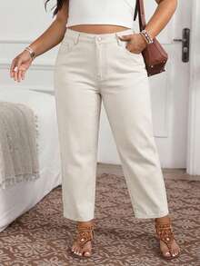 EMERY ROSE Plus Size Women's Casual Versatile Daily Travel Denim Jeans With Pockets And Buttons - Khaki - View 7