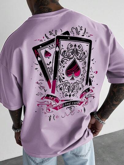 Manfinity Roughcore Camiseta masculina com estampa de pôquer, gola redonda, solta, casual, manga curta