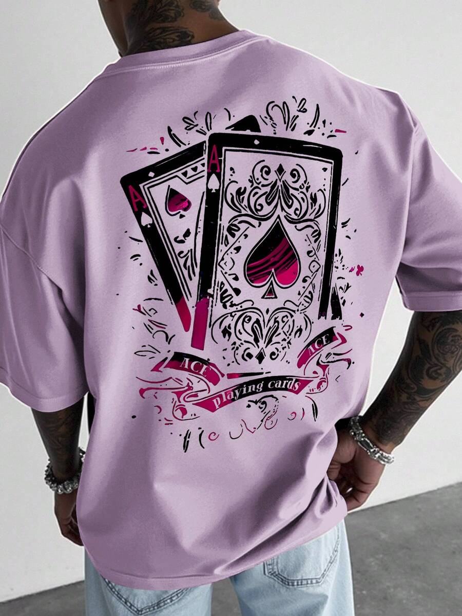 Manfinity Roughcore 男士扑克印花圆领宽松休闲短袖T恤 - 紫色 - 查看 1