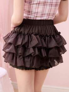 ROMWE Kawaii Váy quần nữ cạp chun, xếp tầng, viền bèo nhún, phối ren, đa năng, thích hợp cho hẹn hò và đi chơi. - Cà phê nâu - Xem 5