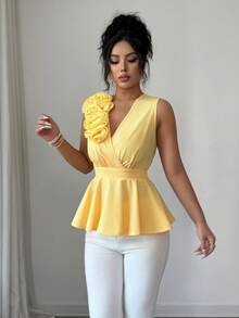 Elenzga Women's Sleeveless V-Neck Ruched Waist Blouse With 3D Floral Applique, Elegant A-Line, Yellow, Spring/Summer - Yellow - View 6