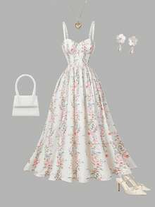 SHEIN MOD 女士复古印花吊带露背A字长裙，适合春夏、情人节、花园、度假、早午餐、下午茶等场合。 - 彩色 - 查看 7