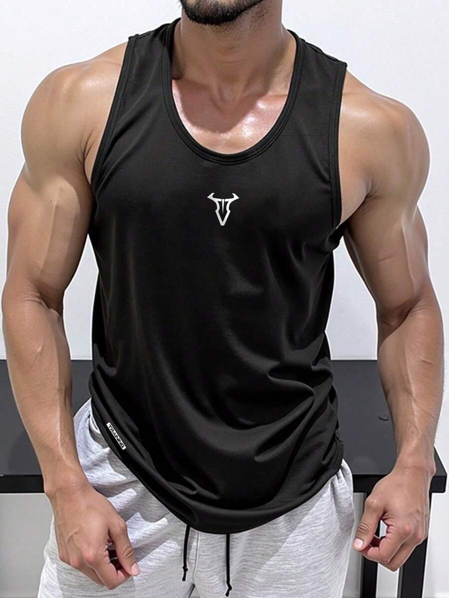 GymBeat 男士休闲牛头印花圆领运动背心，夏季 - 黑色 - 查看 1