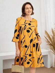 Miaspire Abito corto a tunica da donna con scollo tondo, maniche a tre quarti a balze e volant, stampa all-over, casual, giallo, orlo dritto - Giallo - Visualizzare 5
