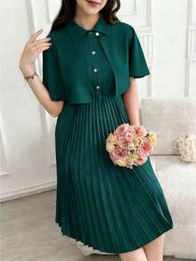 SHEIN 2pcs/Set Vintage Elegant Shawl Collar Pleated Hem Dress With Shirt For Teen Girls - Dark Green - View 5