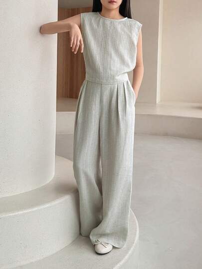 DAZY Tween Girl Solid Color Crew Neck Sleeveless Blouse And Pleated Wide Leg Pants Fashion Set Summer