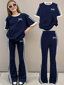 Retro Striped Outfit, Mini Bow Design, Tween Girl Casual Minimalist Black & Cream White Striped Loose Crew Neck Short Sleeve T-Shirt And Flare Pants 2 Piece Set, Suitable For Summer - White - View 3