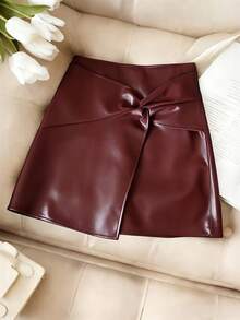 Franclia Asymmetrical Design Sense A-Line PU Mini Skirt For Women, Sexy, Spring/Autumn - Burgundy - View 3