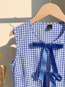 Comfortcana Women's Blue Plaid Woven Shirt With Tie, Spring/Summer Checkered Top Blue Gingham Top Gingham Tank Top Bow Back Top Ruffle Hem Top Peplum Top Bow Detail Top Sleeveless Gingham Top - Royal Blue - View 3
