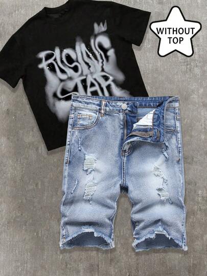 SHEIN Quần short denim rách kiểu dáng Y2K thời trang thường ngày cho bé trai, chất liệu mềm mại, thích hợp mặc hàng ngày trong mùa hè và mùa xuân.