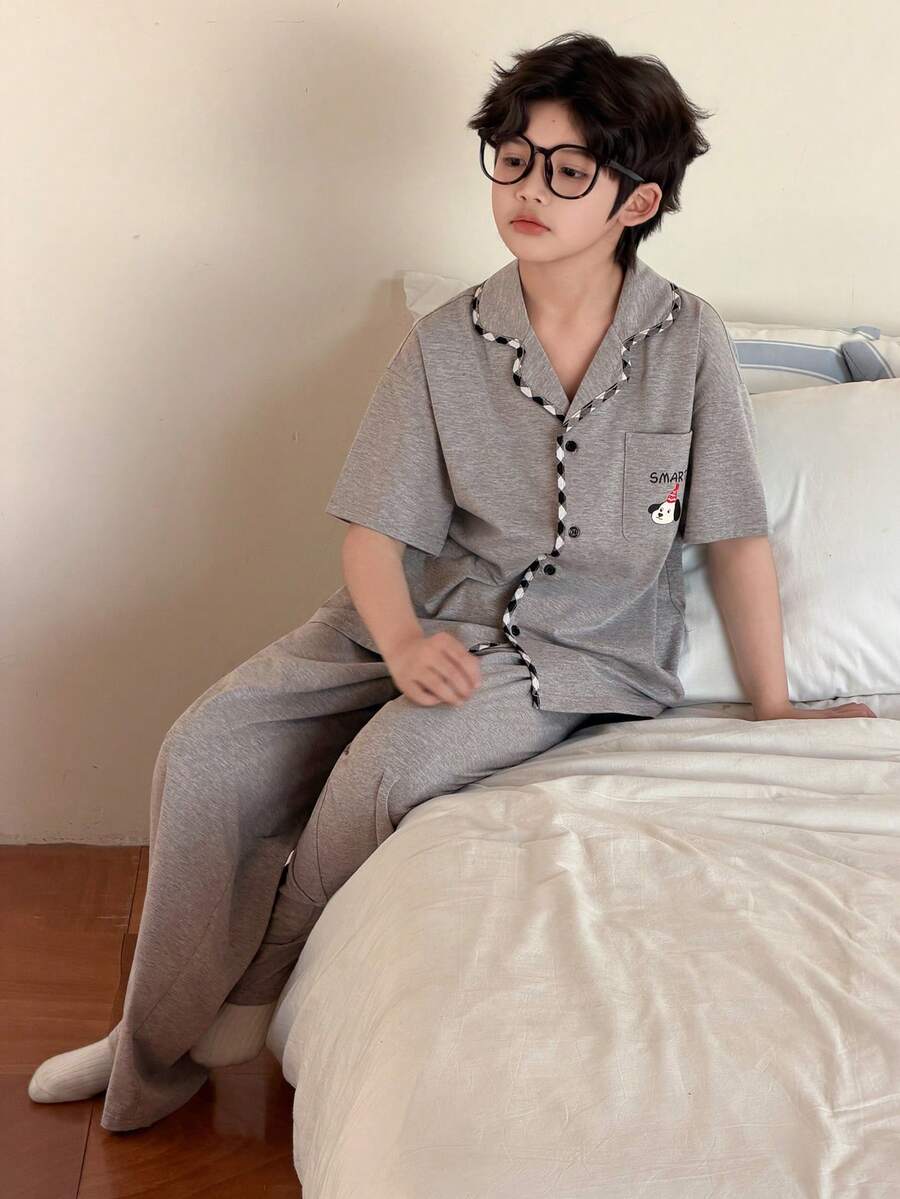 DAZY Tween Boy Letter Print Short Sleeve Single-Breasted Pocket Top And Pants Pajama Set - Grey - View 1