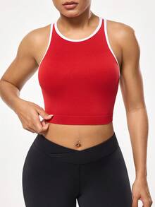 SHEIN Sports 1件吸湿排汗无缝基础款运动背心，撞色设计，红色 - 彩色 - 查看 4