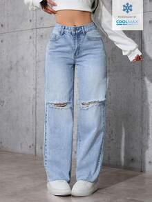 SHEIN PETITE 女士休闲百搭日常穿搭口袋纽扣做旧阔腿牛仔裤 - 淺色水洗藍 - 查看 5