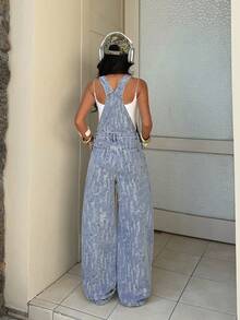 SHEIN HypeZone 女士宽松口袋阔腿休闲牛仔连体裤 - 淺色水洗藍 - 查看 2