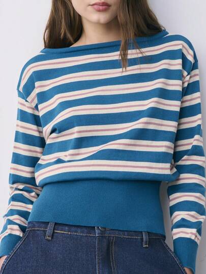 Nöista Striped Knit Sweater, Loose Style With Fitted Panel On Waist, Contrast Color On Waist And Cuffs. Spring, Summer Outfit For Women, Casual Sweater.