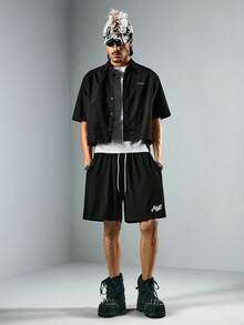 ROMWE MEN Street Life 男士休闲字母刺绣抽绳短裤 - 黑色 - 查看 6