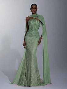 Elitara Elegant Luxurious Stretchy Lace Bustier Shaping Corset,Rhinestone Embellished Sweetheart Neckline,Waist Ruching&Fishtail Hem For Weddings&Parties - Olive Green - View 4