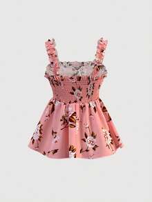 SHEIN PETITE Petite Women's Floral Print Shirred Chest Casual Versatile Tank Top, Spring/Summer - Pink - View 2