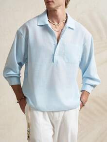 Airaco Casual Commuter V-Neck Button Long Sleeve Shirt With Raglan Sleeves - Blue - View 4