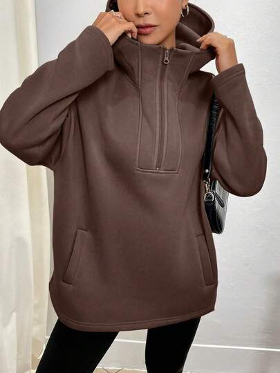 EMERY ROSE Plus Size Khaki Half-Zip Pocket Casual Sweatshirt Sweatshirt