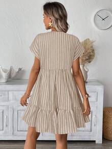 SHEIN LUNE Women's Casual Striped V-Neck Short Sleeve Mini Dress, Suitable For Daily Wear, Vacation And Outdoor Activities, Spring/Summer - Apricot - View 2