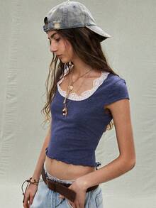 SoleilVie 女士撞色蕾丝圆领短袖短款T恤 - 藍色 - 查看 7