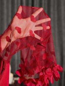 SHEIN 女士性感心形网纱袖系腰睡袍 - 紅色 - 查看 8