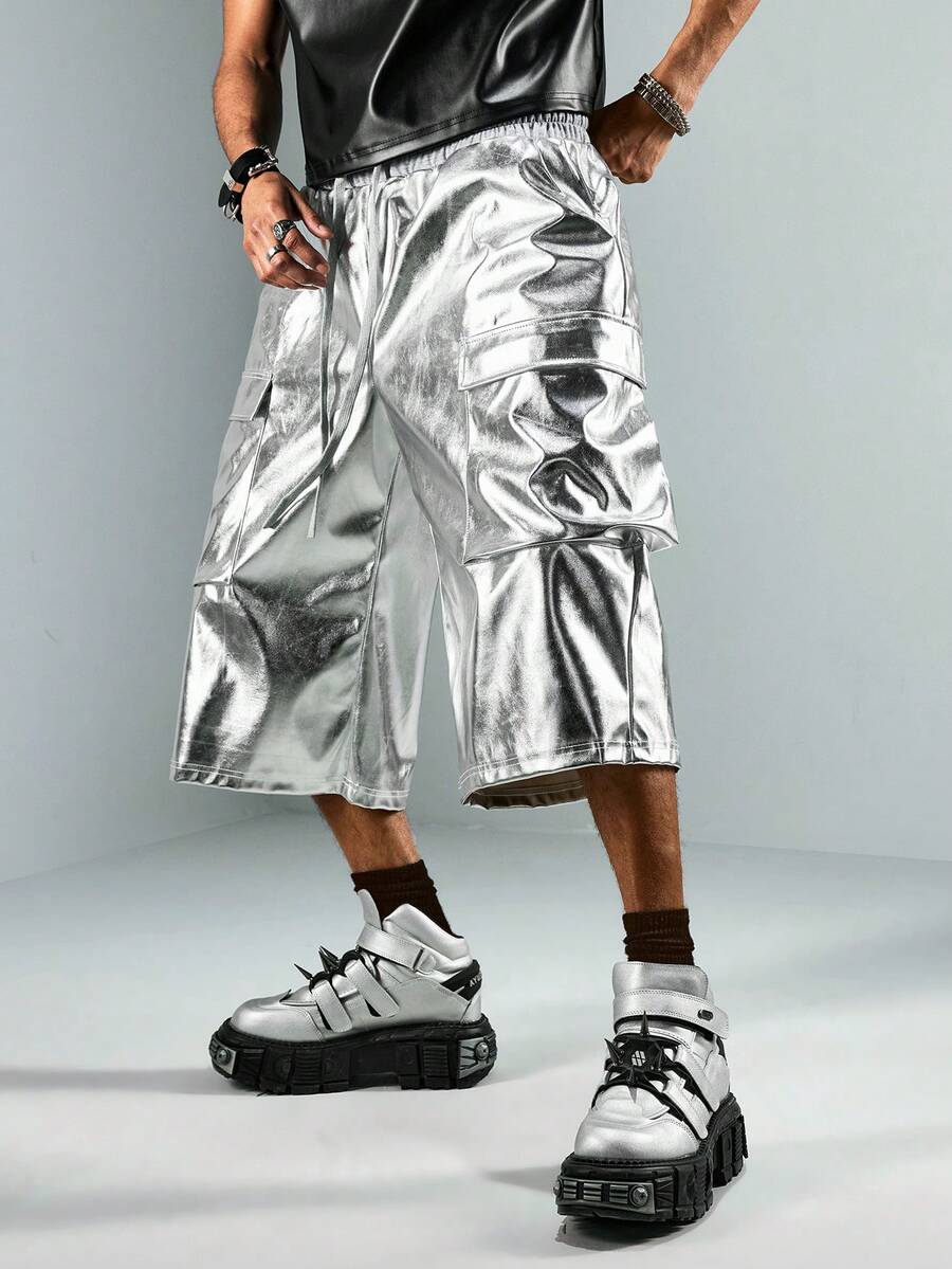 ROMWE MEN Street Life Men's Fashionable Shiny Silver 7-Inch Cargo Shorts, Summer - Silver - View 1